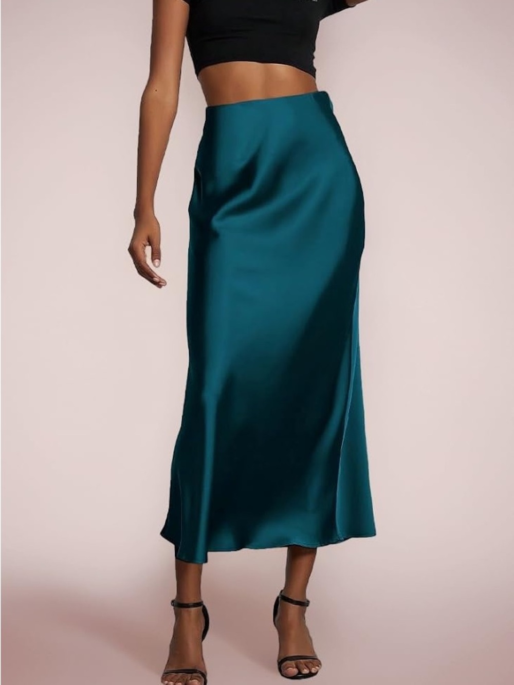 Zara Teal Satin Midi Slip Skirt